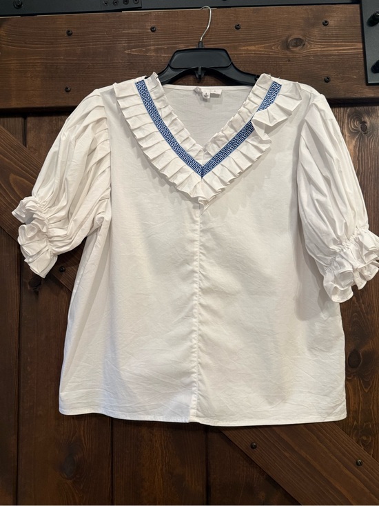 THML Tops - THML White Ruffle V-Neck Puff Sleeve Blouse Blue Embroidered Trim Size Small